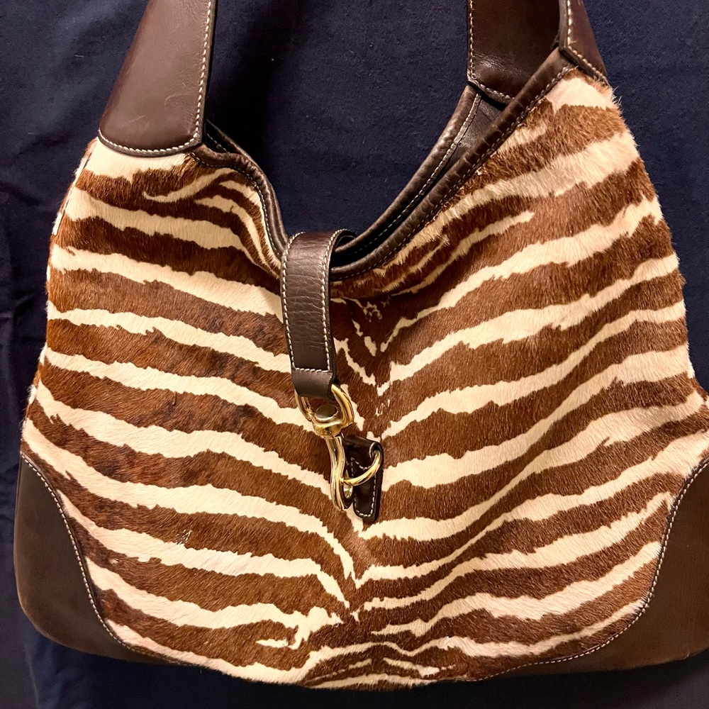 GUCCI Pony Hair Zebra Large Jackie O Bouvier Hobo Brown